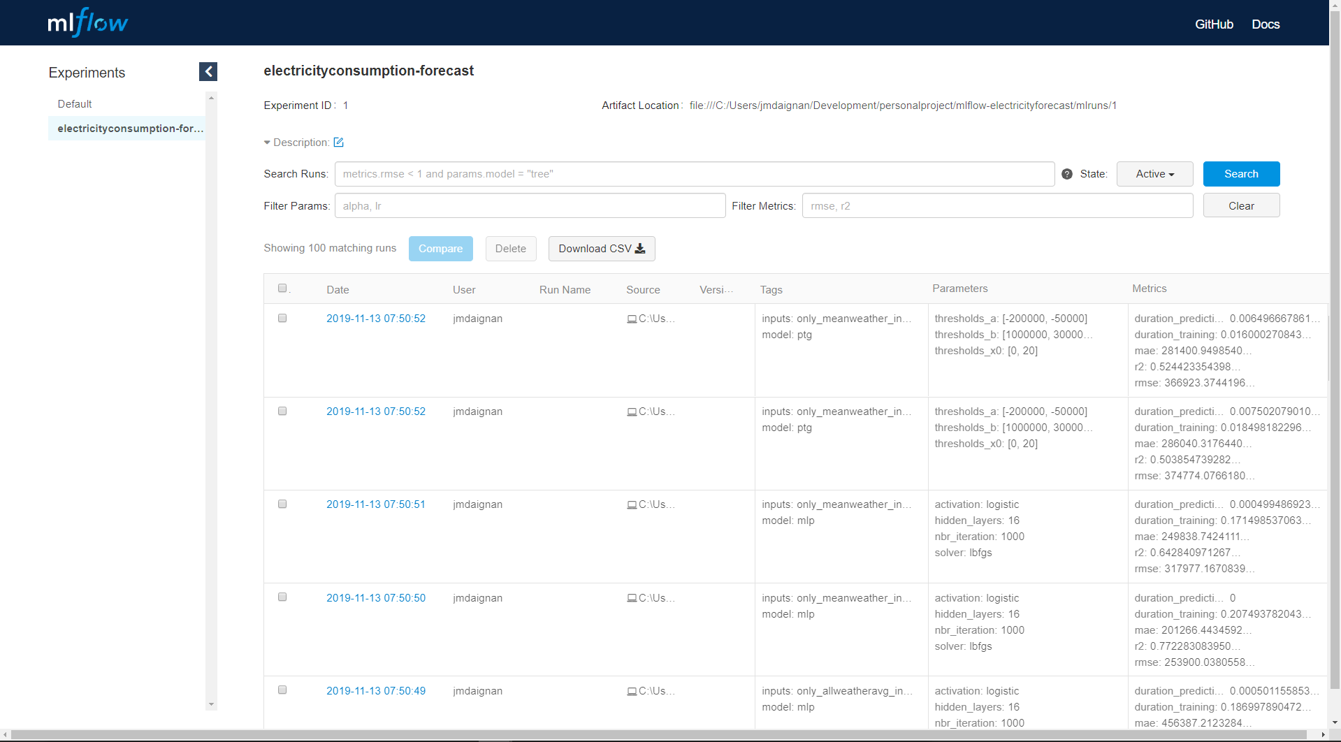 Mlflow ui screenshot