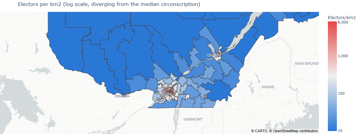 Map of the number of voters per square kilometer for each electoral division in southern Quebec